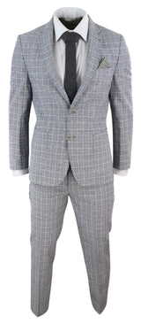 Traje de lino de dos piezas para hombre, a cuadros negros y grises.
