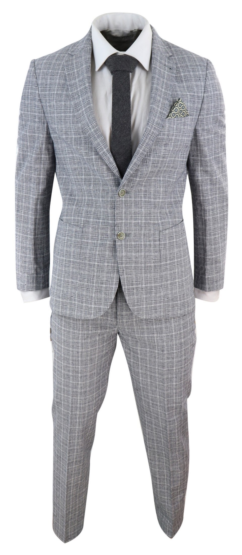 Traje de lino de dos piezas para hombre, a cuadros negros y grises.