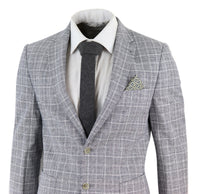 Traje de lino de dos piezas para hombre, a cuadros negros y grises.