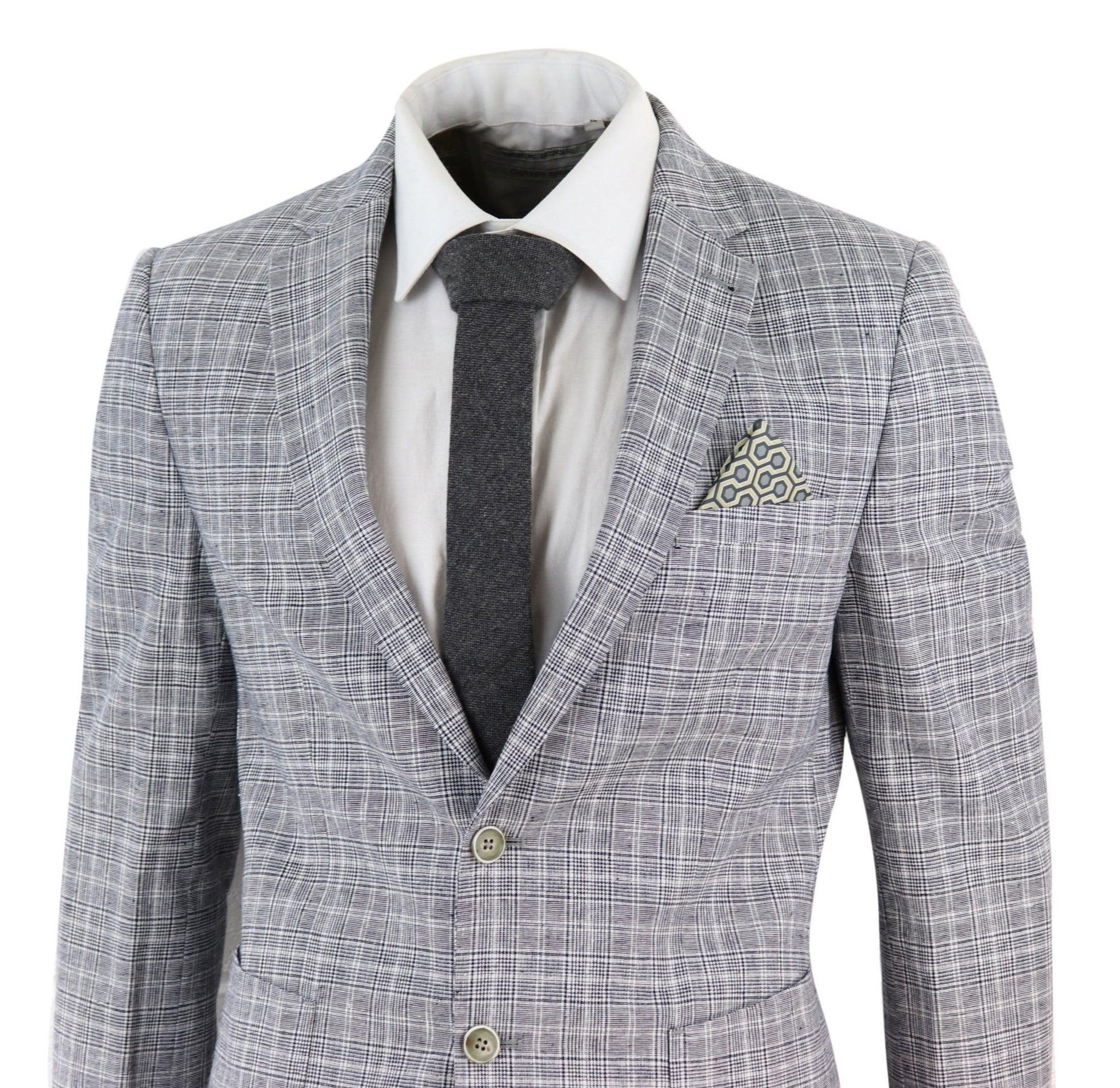 Traje de lino de dos piezas para hombre, a cuadros negros y grises.