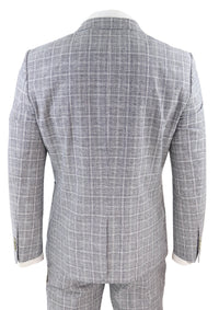 Traje de lino de dos piezas para hombre, a cuadros negros y grises.