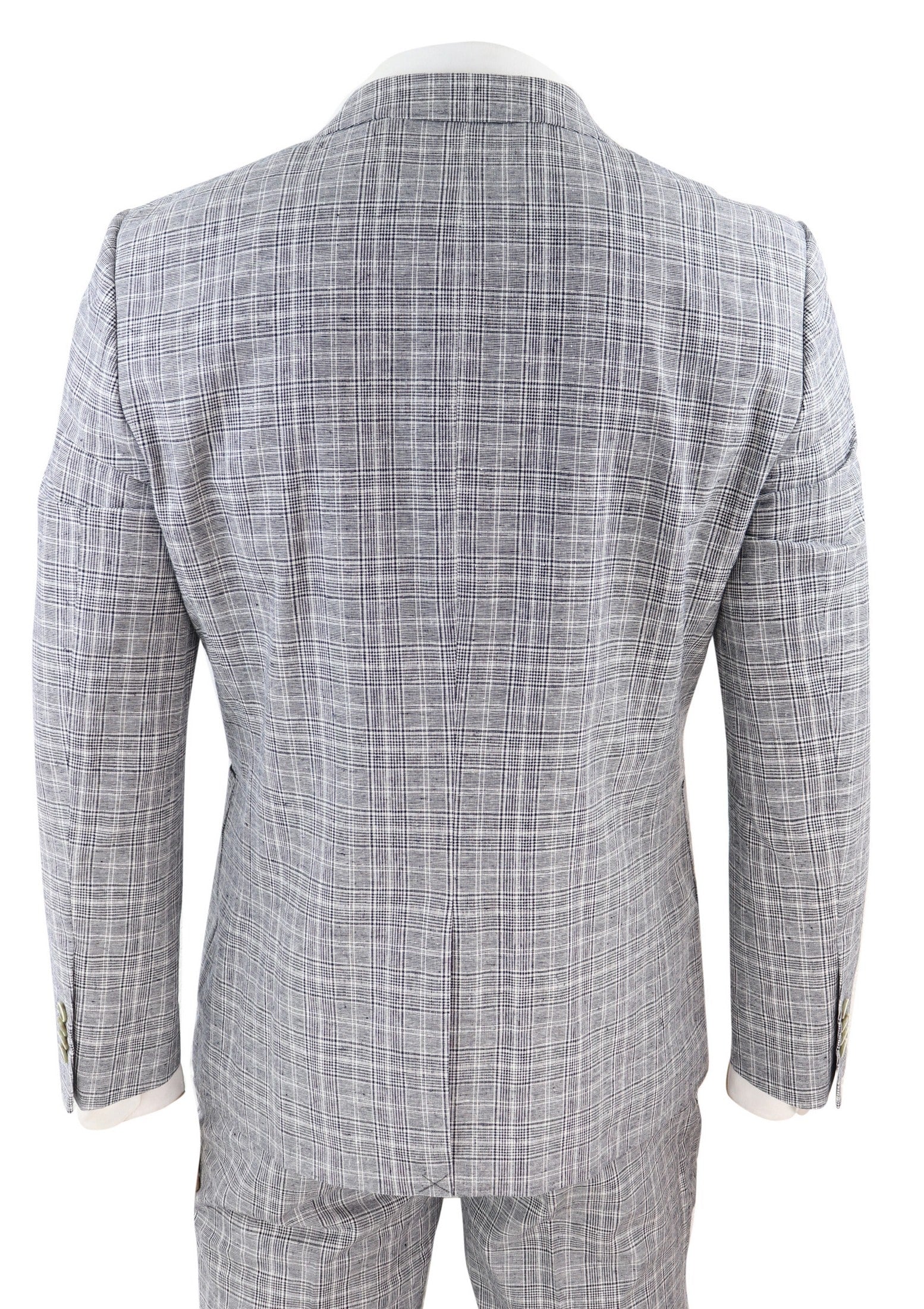 Traje de lino de dos piezas para hombre, a cuadros negros y grises.