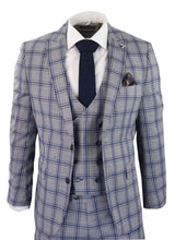 Traje de tres piezas para hombre a cuadros grises y azules