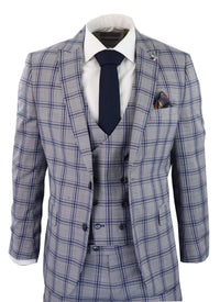 Traje de tres piezas para hombre a cuadros grises y azules