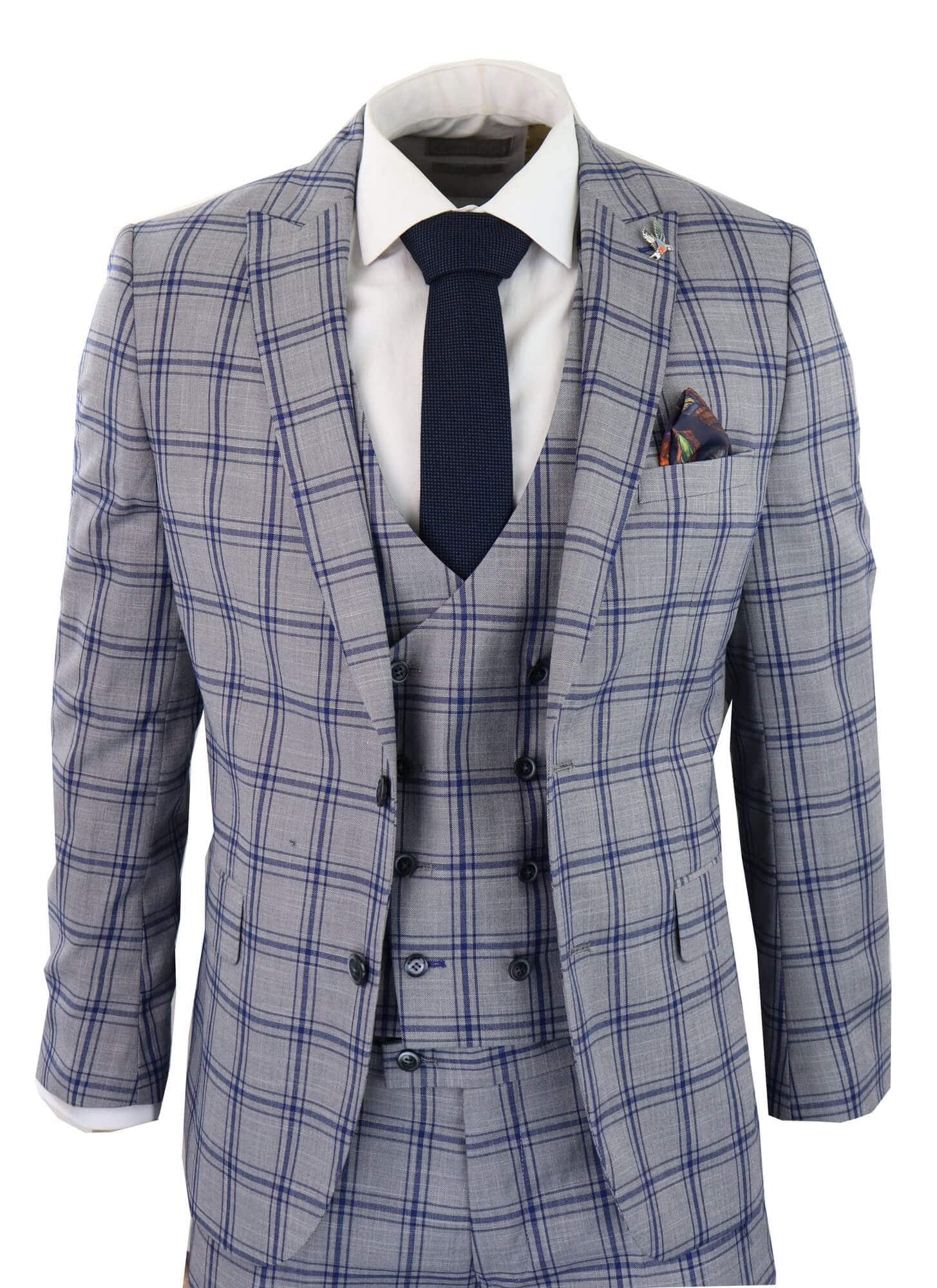 Traje de tres piezas para hombre a cuadros grises y azules