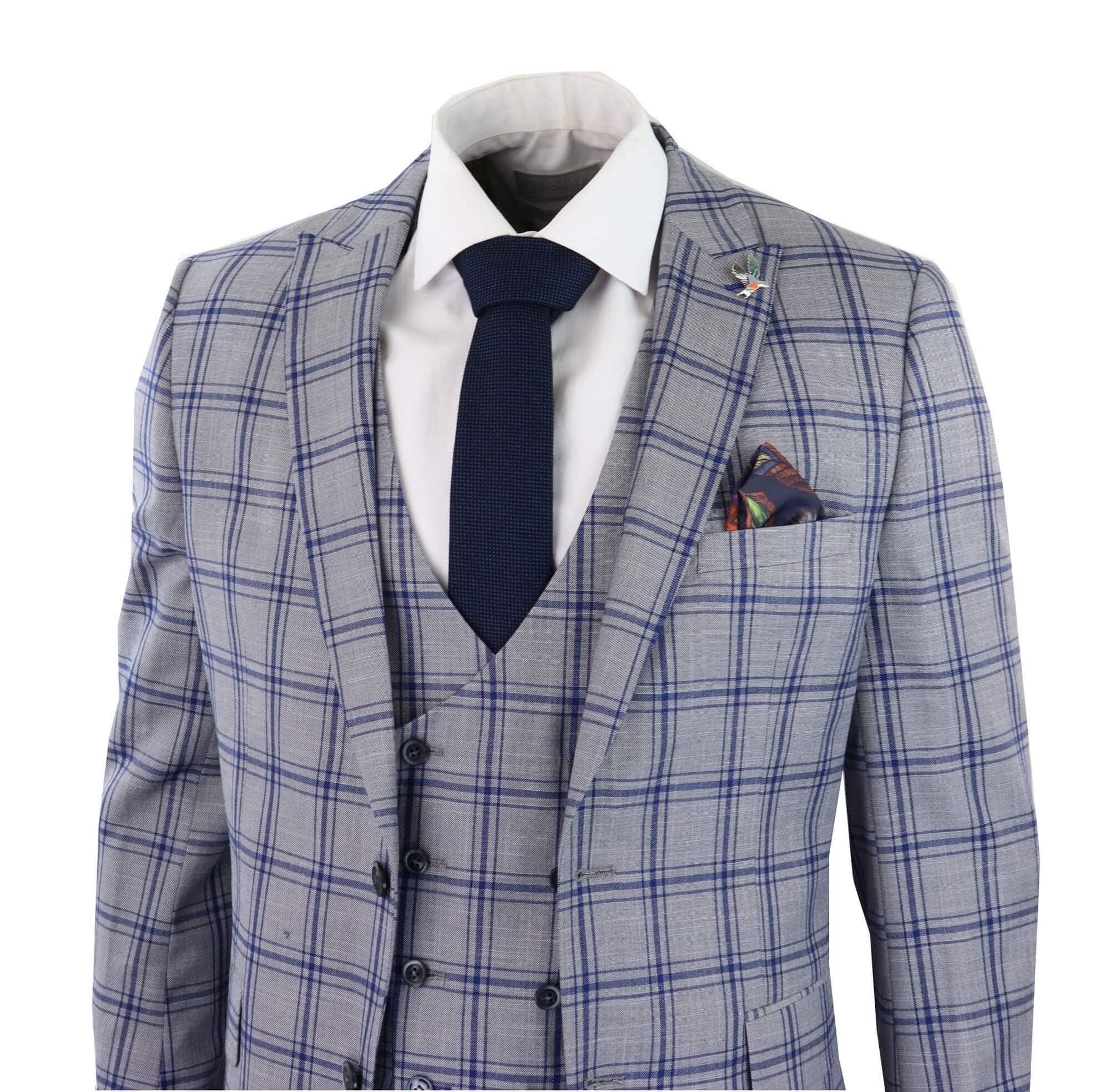 Traje de tres piezas para hombre a cuadros grises y azules