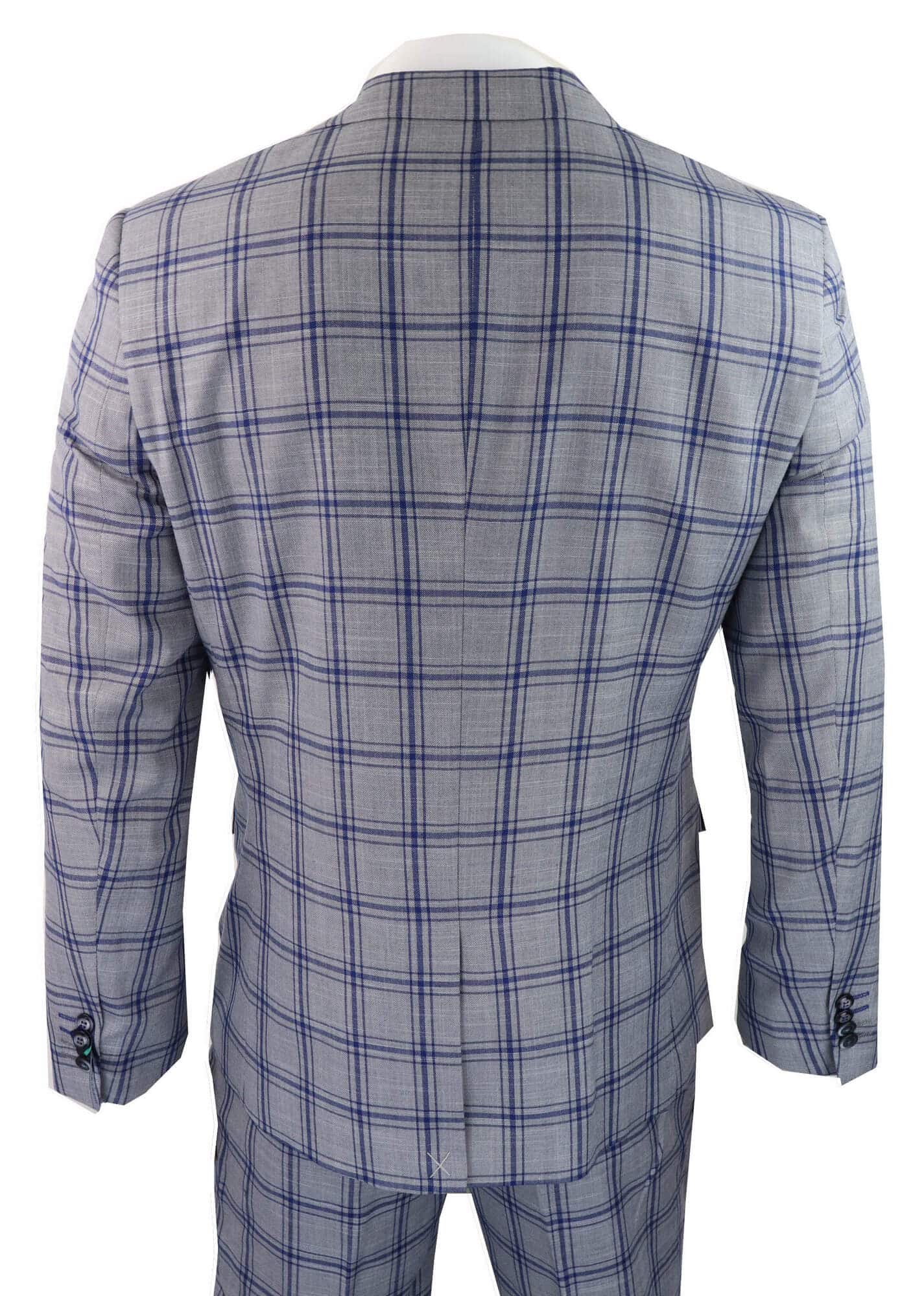 Traje de tres piezas para hombre a cuadros grises y azules