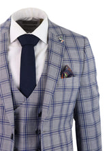 Traje de tres piezas para hombre a cuadros grises y azules
