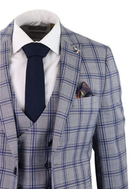 Traje de tres piezas para hombre a cuadros grises y azules