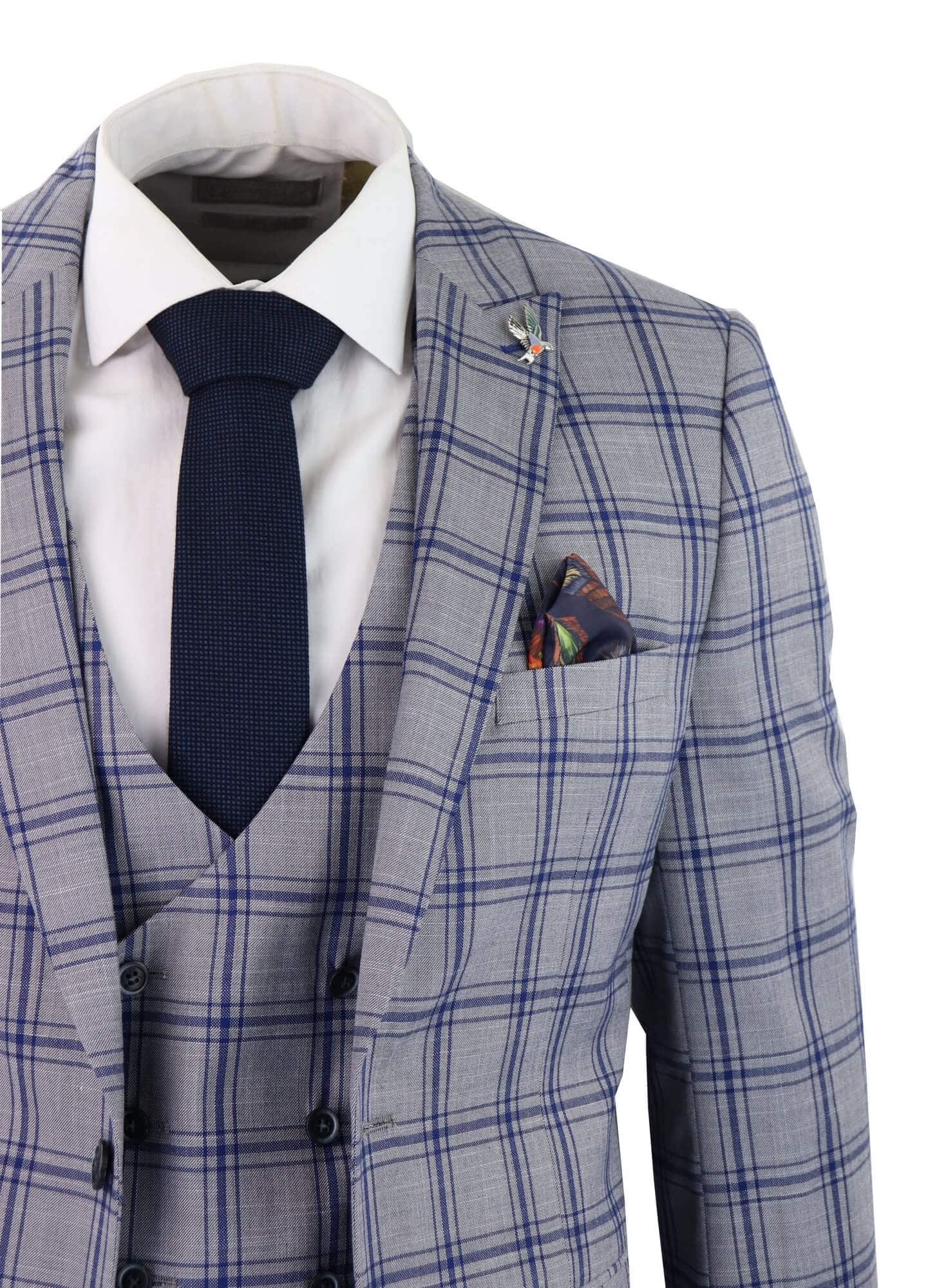 Traje de tres piezas para hombre a cuadros grises y azules