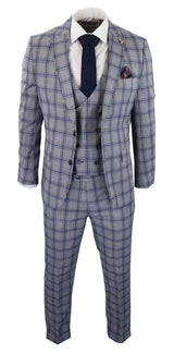 Traje de tres piezas para hombre a cuadros grises y azules