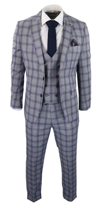 Traje de tres piezas para hombre a cuadros grises y azules