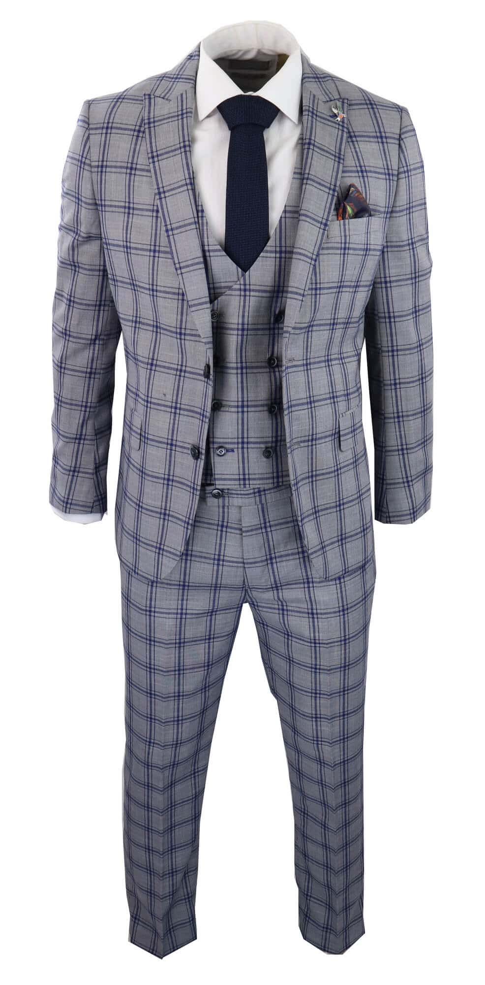 Traje de tres piezas para hombre a cuadros grises y azules