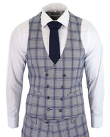 Traje de tres piezas para hombre a cuadros grises y azules
