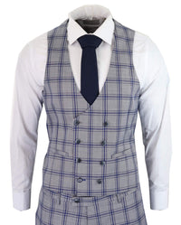 Traje de tres piezas para hombre a cuadros grises y azules