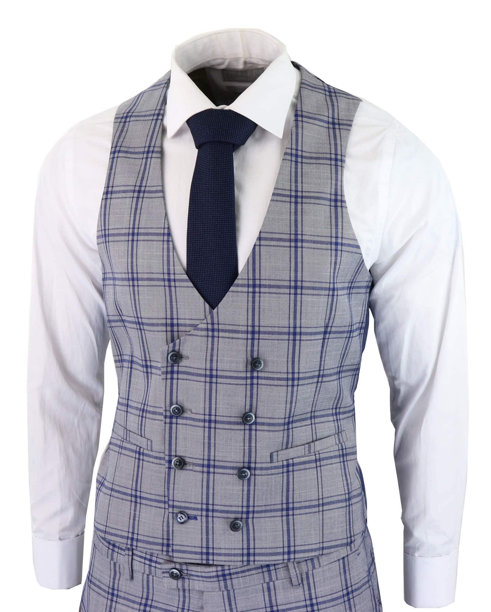 Traje de tres piezas para hombre a cuadros grises y azules
