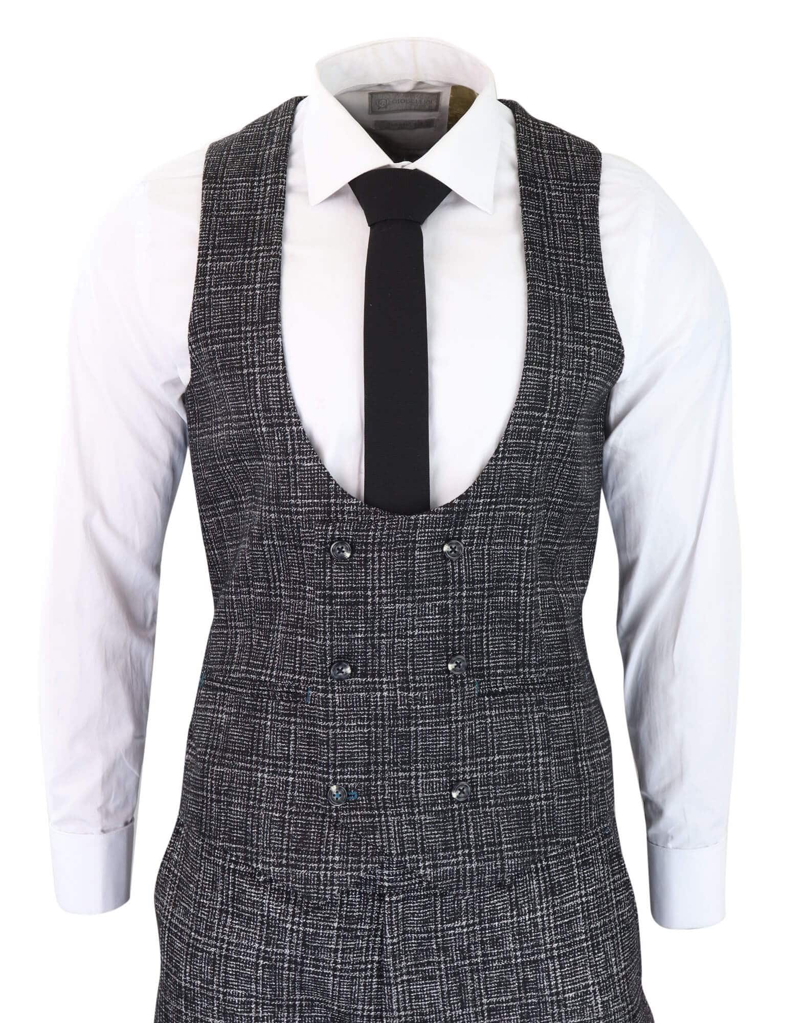 Traje de tres piezas para hombre en gris carbón a cuadros.