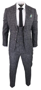 Traje de tres piezas para hombre en gris carbón a cuadros.
