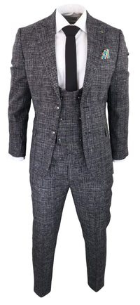 Traje de tres piezas para hombre en gris carbón a cuadros.