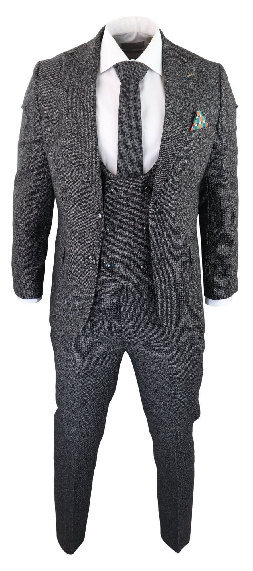 Traje de tres piezas para hombre en color gris carbón.