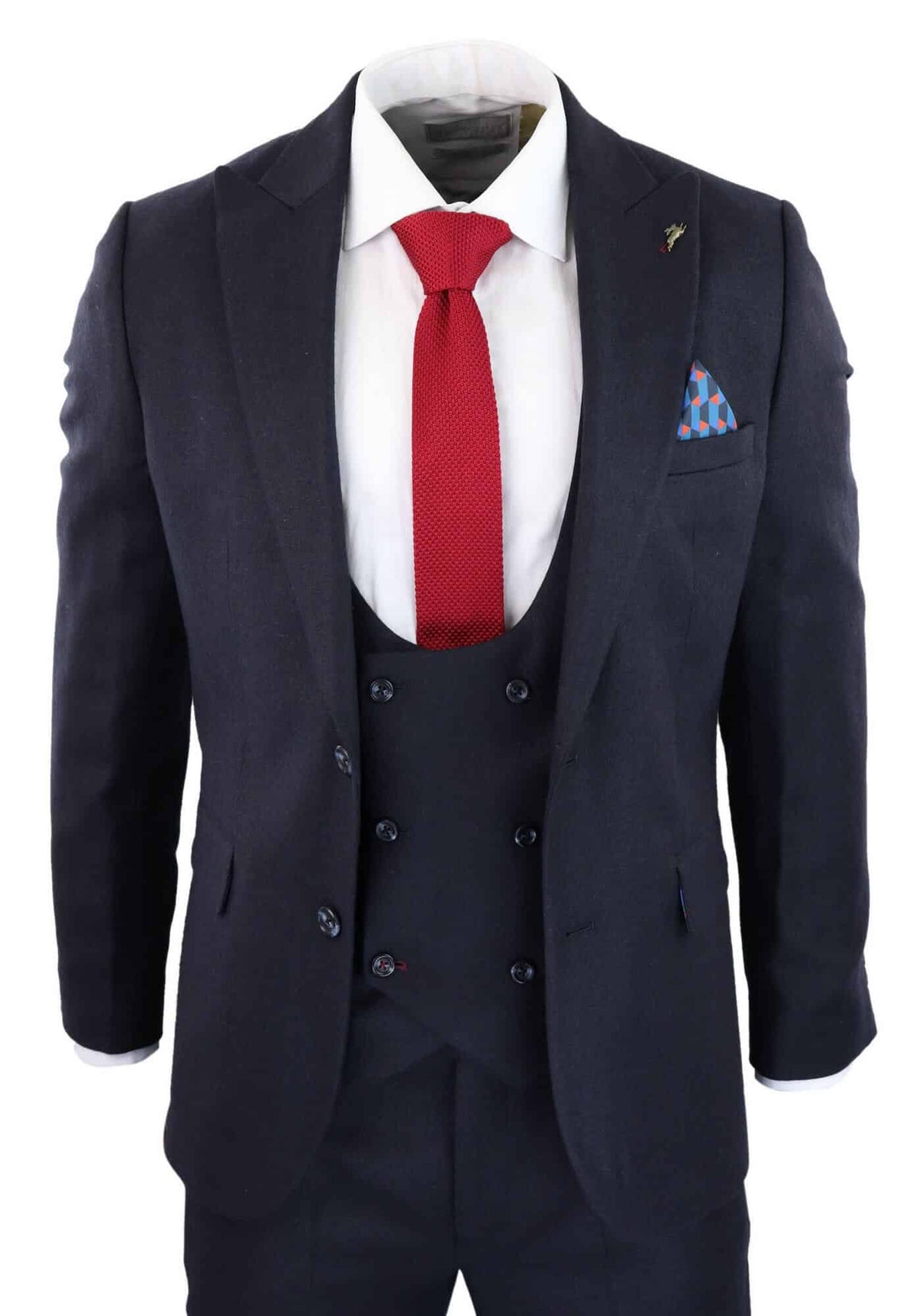 Traje de tres piezas para hombre, azul marino con estampado de espiga.