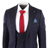Traje de tres piezas para hombre, azul marino con estampado de espiga.