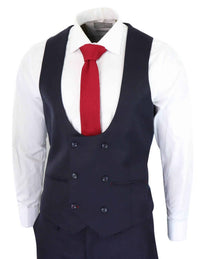 Traje de tres piezas para hombre, azul marino con estampado de espiga.
