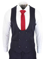 Traje de tres piezas para hombre, azul marino con estampado de espiga.