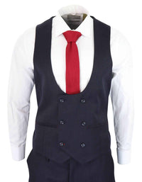 Traje de tres piezas para hombre, azul marino con estampado de espiga.
