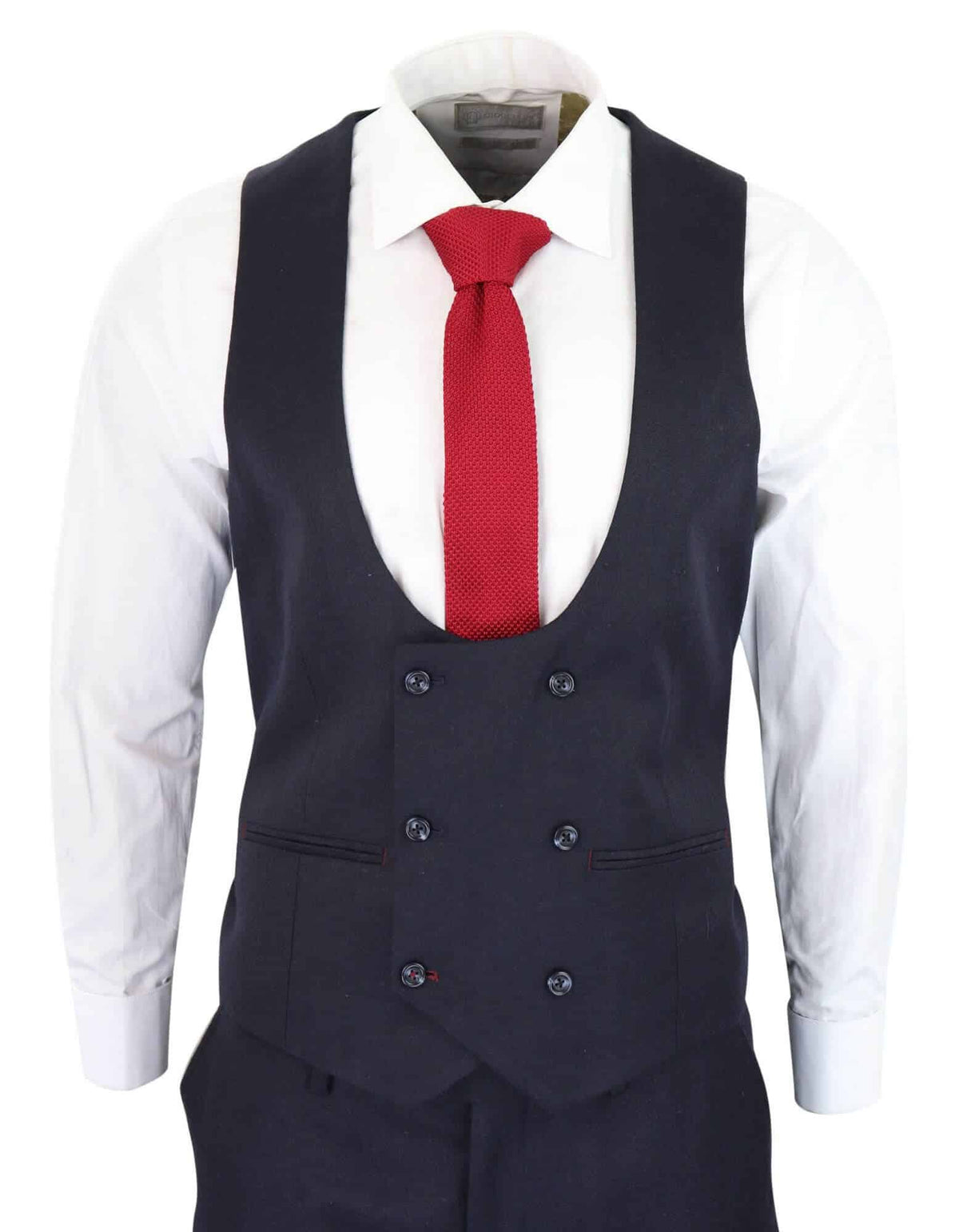 Traje de tres piezas para hombre, azul marino con estampado de espiga.