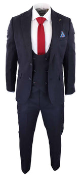 Traje de tres piezas para hombre, azul marino con estampado de espiga.