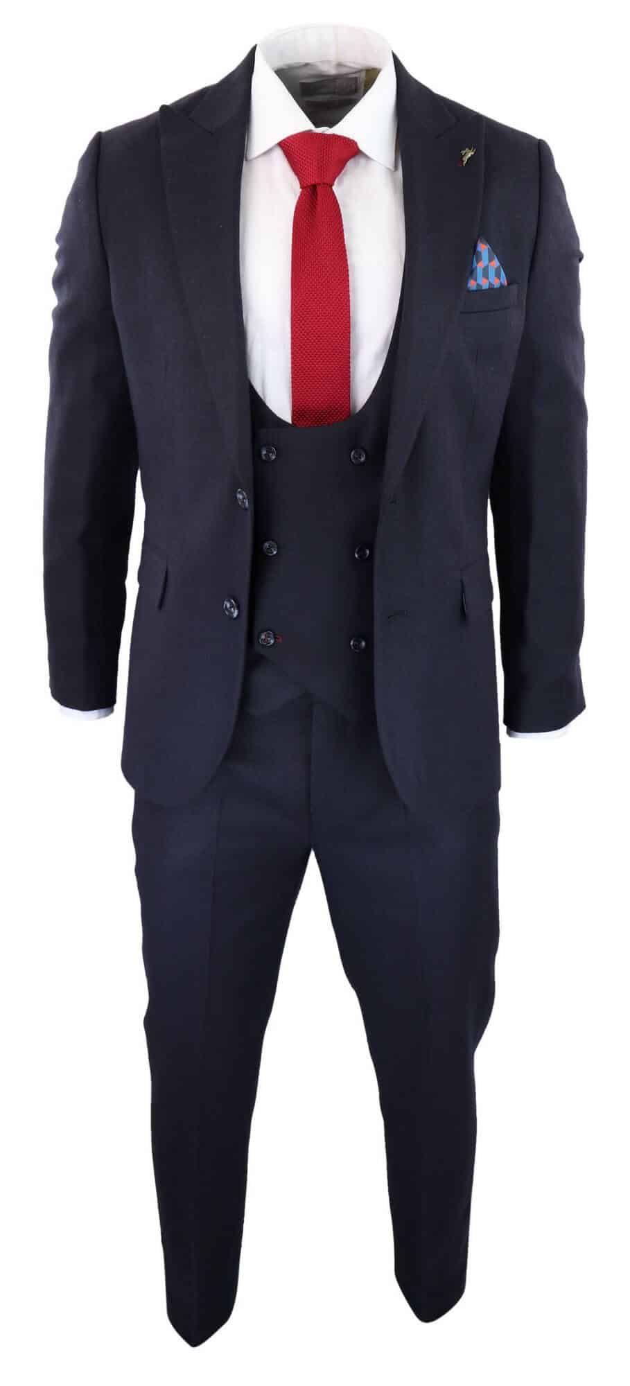 Traje de tres piezas para hombre, azul marino con estampado de espiga.