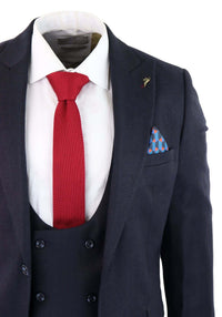 Traje de tres piezas para hombre, azul marino con estampado de espiga.