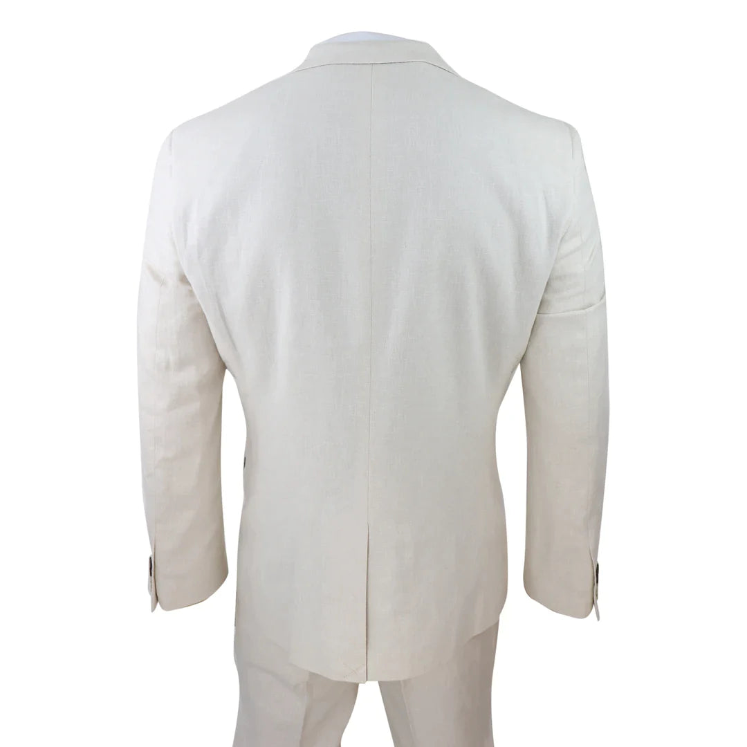 Traje de lino de 3 piezas para hombre, transpirable, ideal para bodas, de verano, de algodón, color crema y beige.