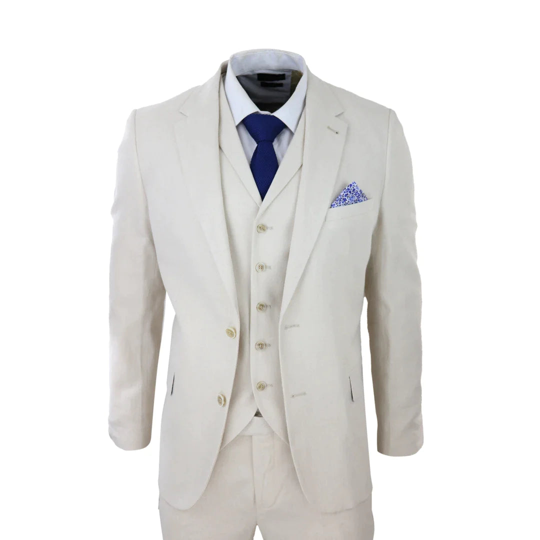 Traje de lino de 3 piezas para hombre, transpirable, ideal para bodas, de verano, de algodón, color crema y beige.