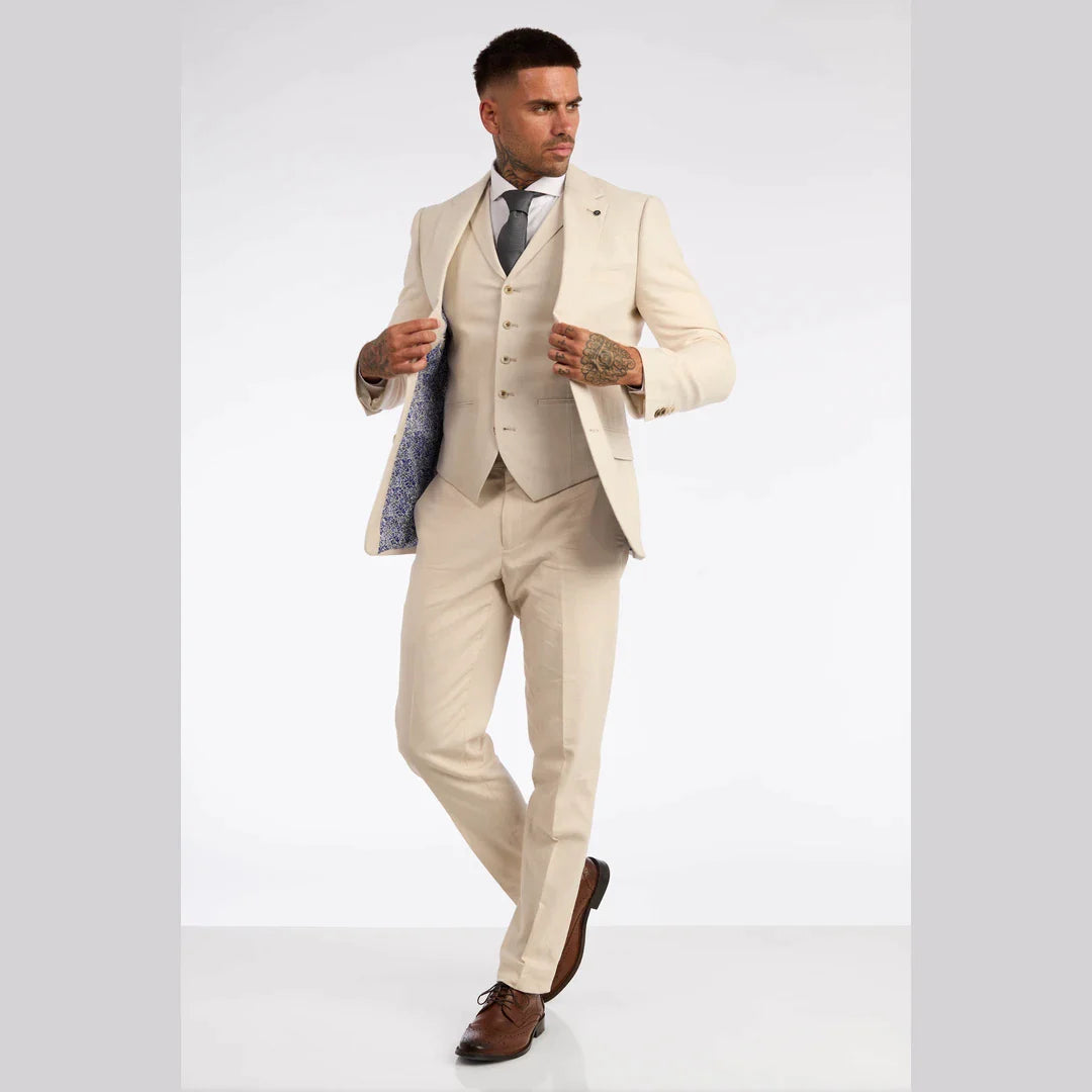 Traje de lino de 3 piezas para hombre, transpirable, ideal para bodas, de verano, de algodón, color crema y beige.