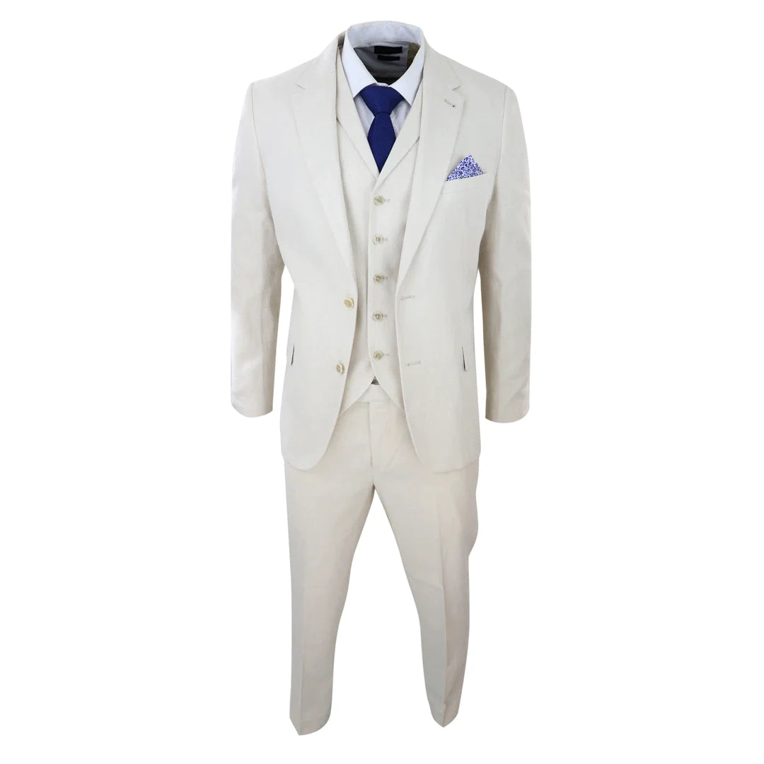Traje de lino de 3 piezas para hombre, transpirable, ideal para bodas, de verano, de algodón, color crema y beige.