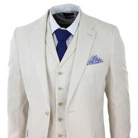 Traje de lino de 3 piezas para hombre, transpirable, ideal para bodas, de verano, de algodón, color crema y beige.