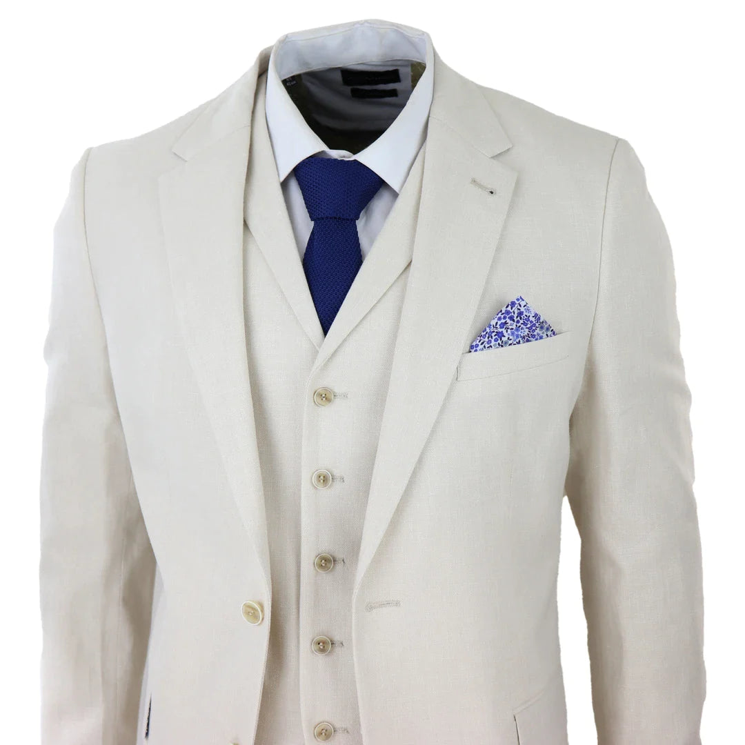 Traje de lino de 3 piezas para hombre, transpirable, ideal para bodas, de verano, de algodón, color crema y beige.