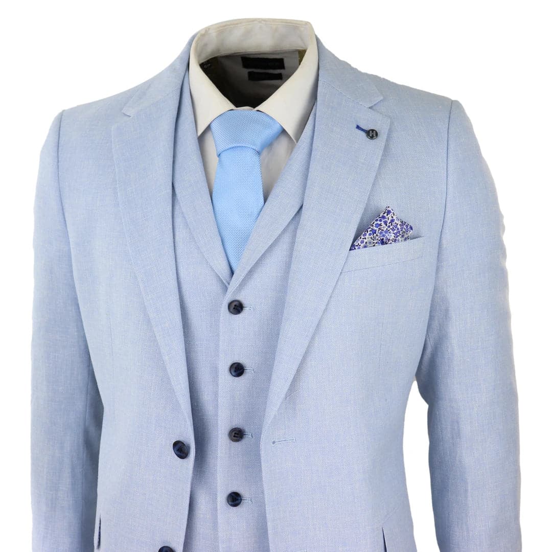 Traje de lino de 3 piezas para hombre, transpirable, de verano, para bodas, de algodón, azul claro.