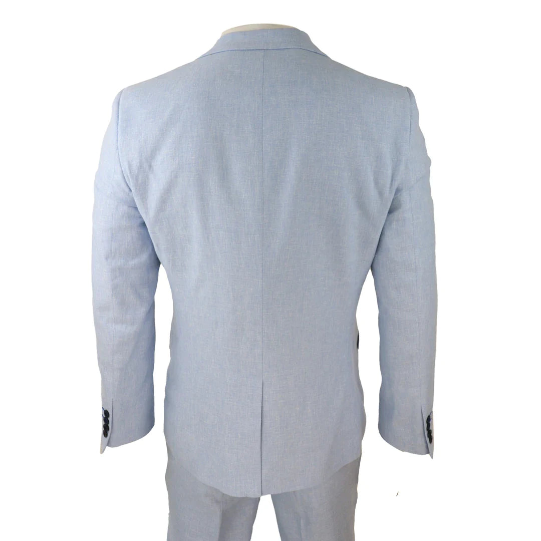 Traje de lino de 3 piezas para hombre, transpirable, de verano, para bodas, de algodón, azul claro.