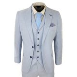 Traje de lino de 3 piezas para hombre, transpirable, de verano, para bodas, de algodón, azul claro.