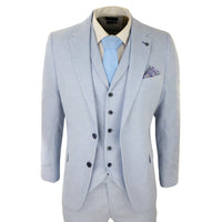 Traje de lino de 3 piezas para hombre, transpirable, de verano, para bodas, de algodón, azul claro.