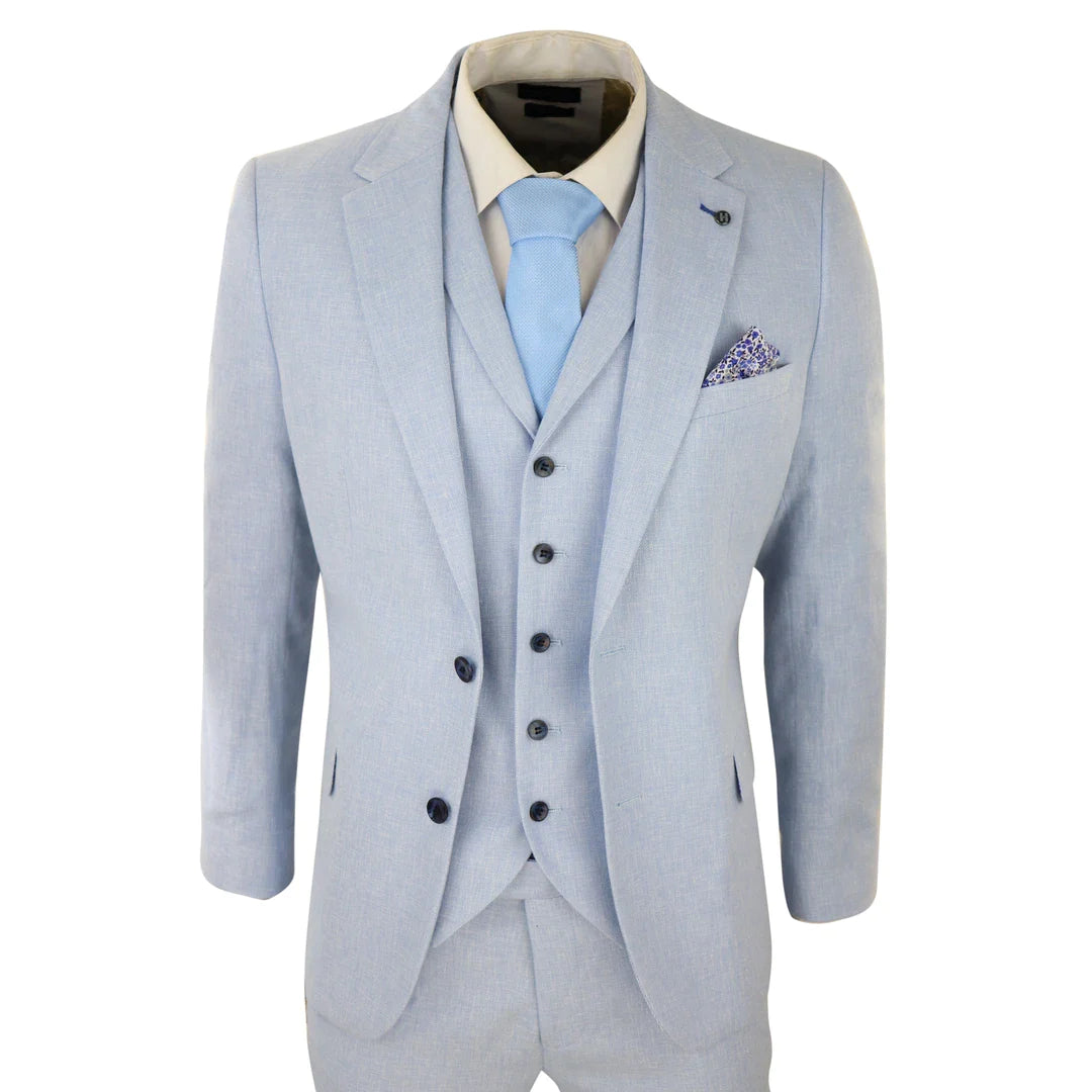 Traje de lino de 3 piezas para hombre, transpirable, de verano, para bodas, de algodón, azul claro.