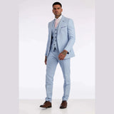 Traje de lino de 3 piezas para hombre, transpirable, de verano, para bodas, de algodón, azul claro.