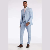 Traje de lino de 3 piezas para hombre, transpirable, de verano, para bodas, de algodón, azul claro.