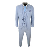 Traje de lino de 3 piezas para hombre, transpirable, de verano, para bodas, de algodón, azul claro.