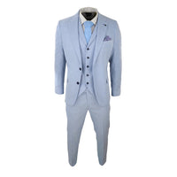 Traje de lino de 3 piezas para hombre, transpirable, de verano, para bodas, de algodón, azul claro.