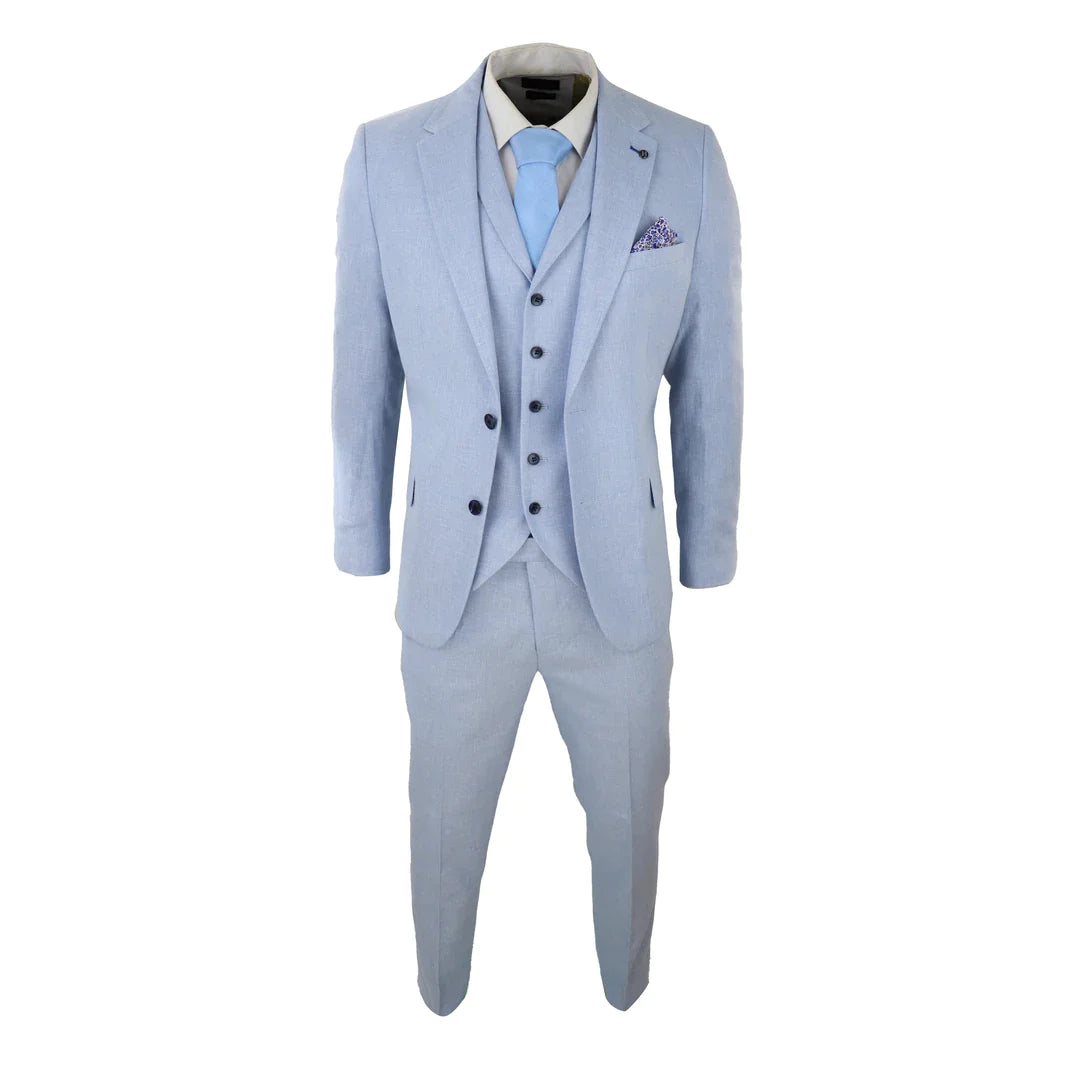 Traje de lino de 3 piezas para hombre, transpirable, de verano, para bodas, de algodón, azul claro.