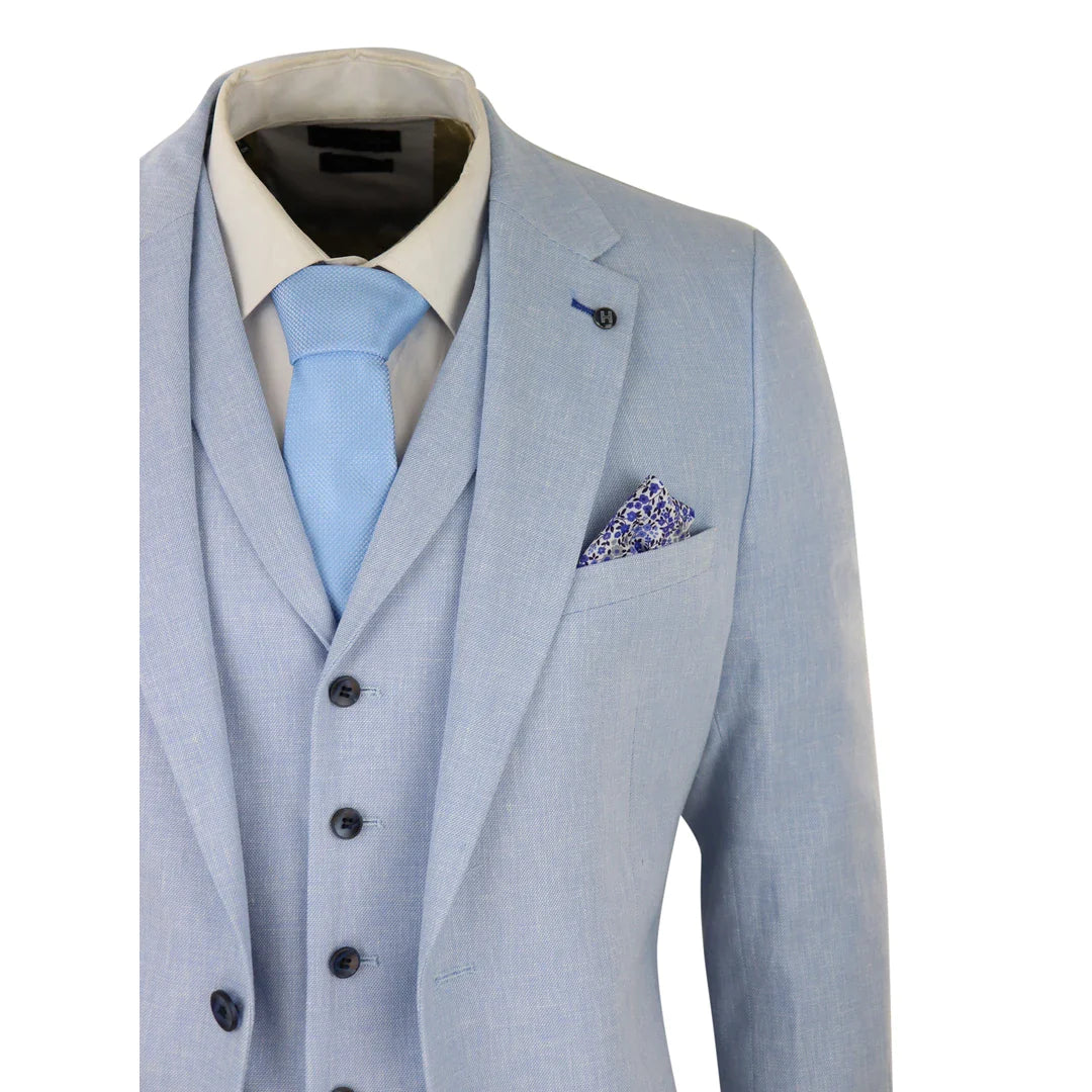 Traje de lino de 3 piezas para hombre, transpirable, de verano, para bodas, de algodón, azul claro.